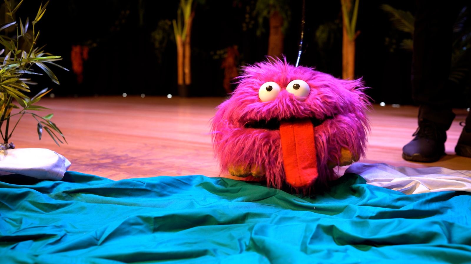 A round, fuzzy magenta puppet with its tongue out.